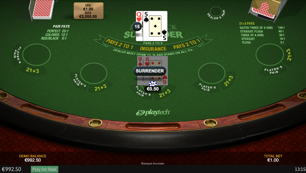 Screenshot showing surrender in Blackjack Surrender